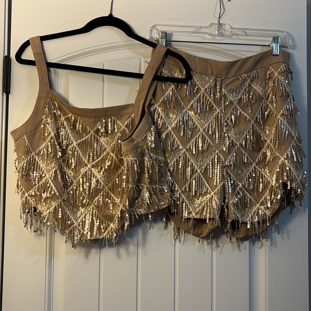 Tan Sparkle Crop Top Set